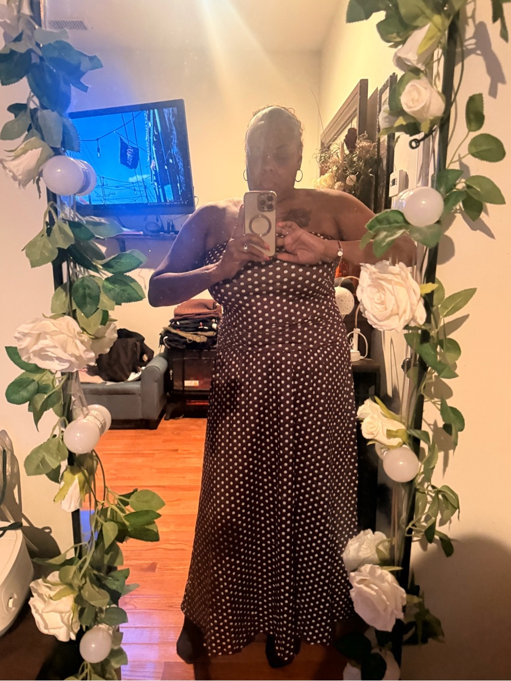 Elegant Strapless Brown Polka Dot Maxi Dress - Picture 6 of 6